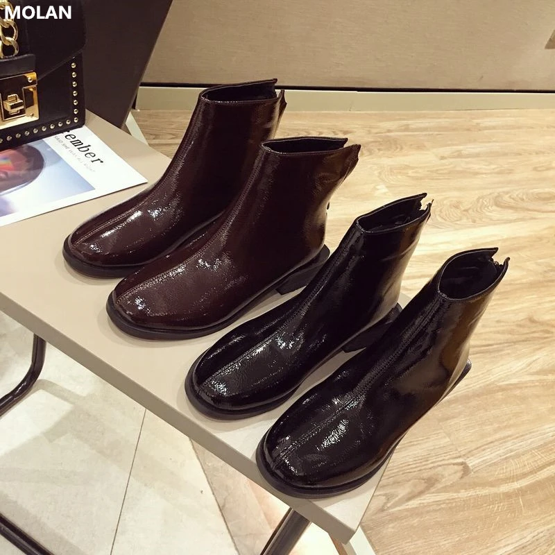 

MOLAN Brand Designers 2018 New Arrival Black Wine Red Patent Leather Short Ankle Woman Boots Zipper Square Med Heels Winter Shoe