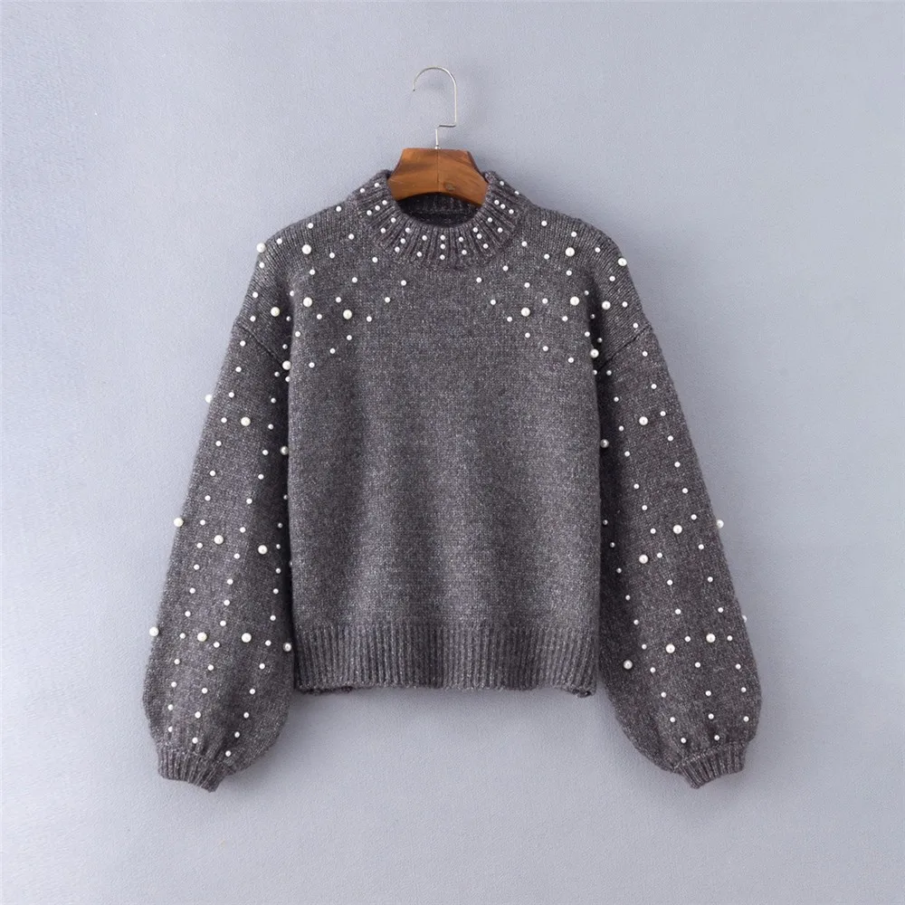 JAYCOSIN модный дизайн женский весенний серый круглый вырез длинный рукав жемчужный вязаный свитер блузка пуловеры Высококачественный свитер
