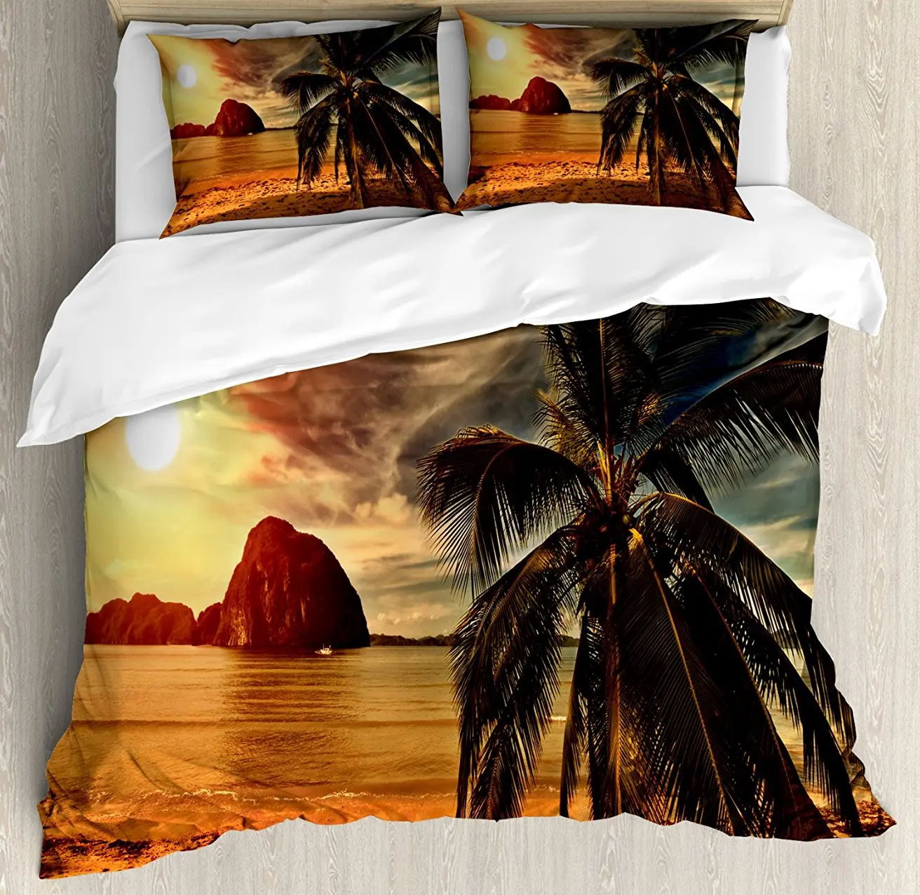 Coconut Trees Tropical Beach Sunset Duvet Cover Set Bedspread For