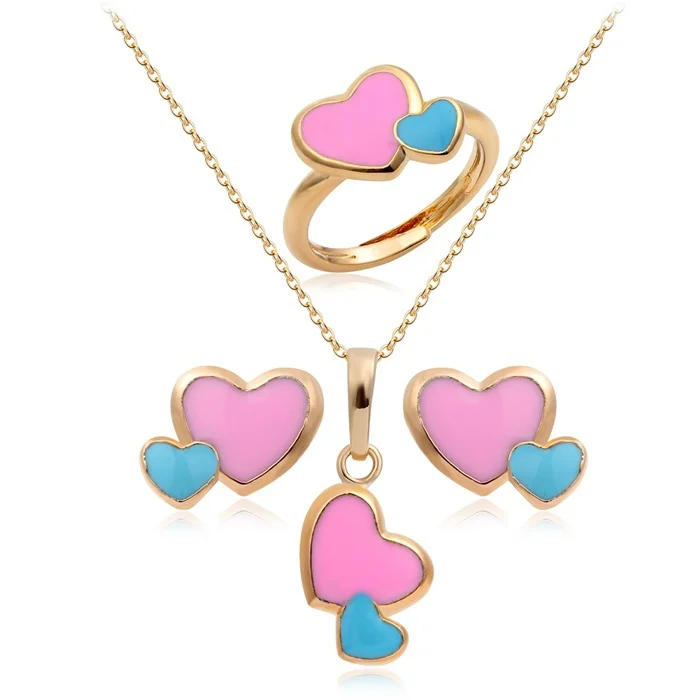 Baby Kids Jewelry Sets 18K Gold Plated Pink Blue Double Heart Pendant