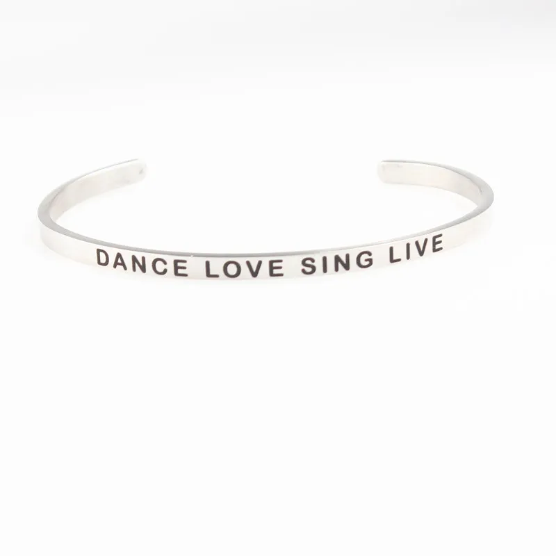Цена 4 мм нержавеющая сталь бар выгравированы положительные вдохновляющие цитаты манжета браслет с мантрой браслет для мужчин лучшие подарки - Окраска металла: DANCE LOVE SING LIVE