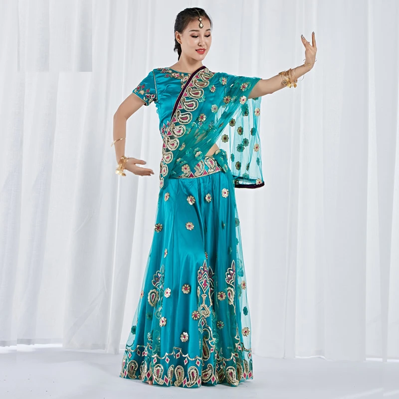 Одежда для танца живота одежда для выступлений танец живота Индийский танец вышитый Болливуд костюм 3 шт. набор(топ, юбка и Сари