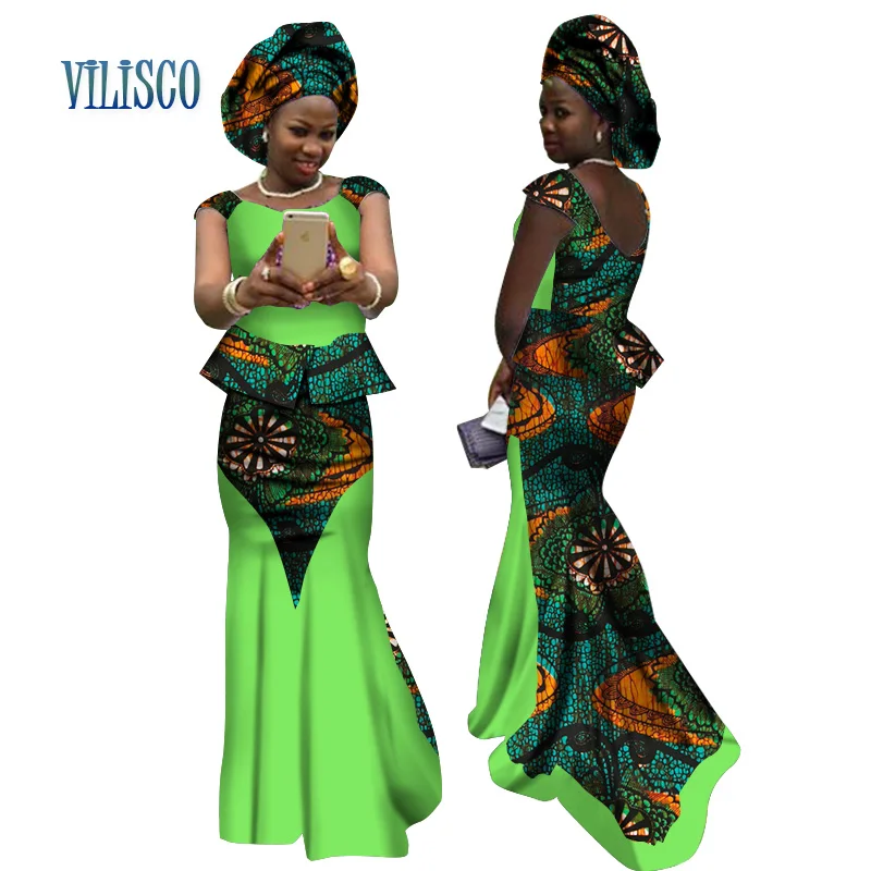 Новая африканская традиционная 2 шт. юбка наборы Одежда с соединением внахлёст Базен Африканский принт топы и юбки наборы с головкой для женщин WY2671
