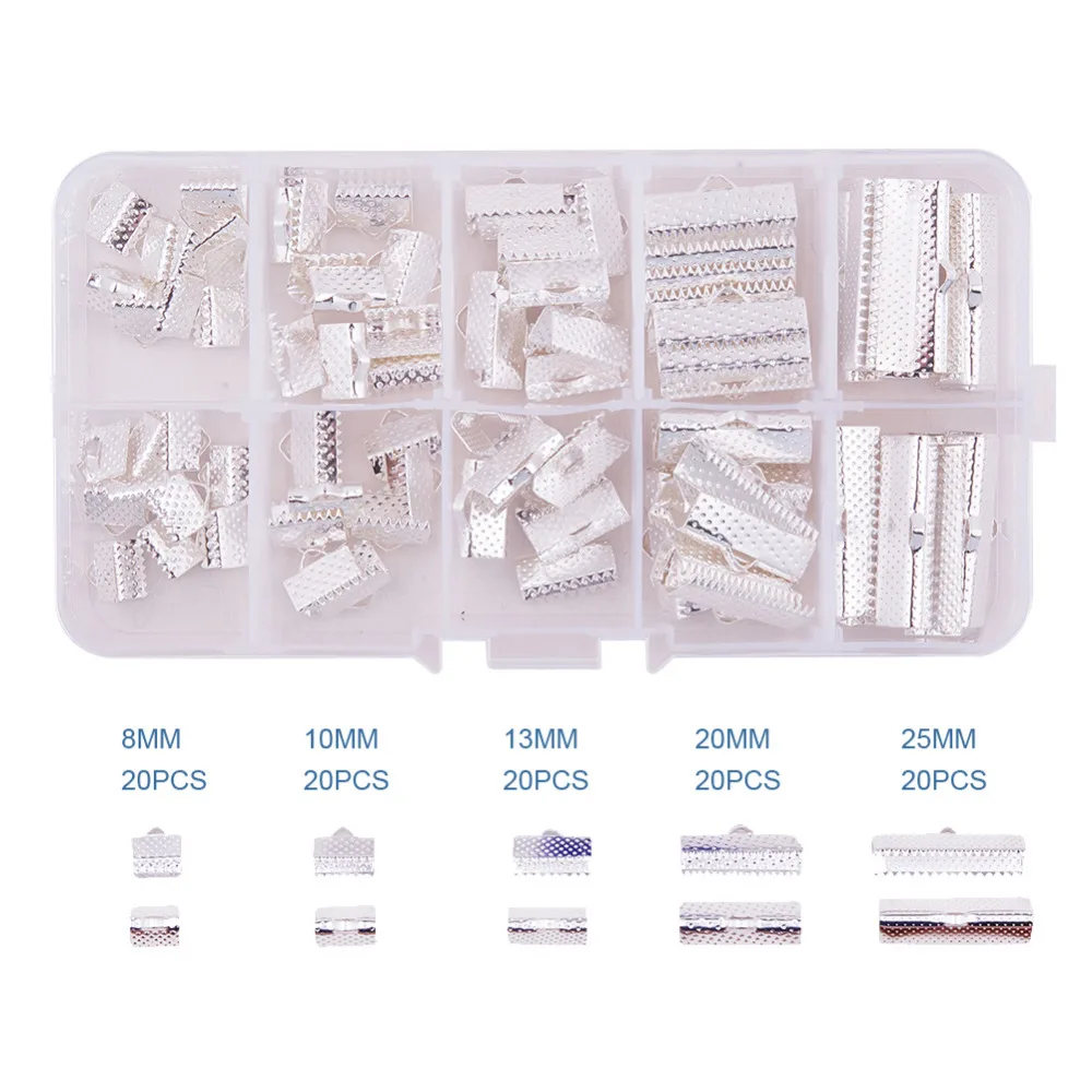 

Pandahall Elite Jewelry Findings Mixed Iron Ribbon Ends Sets, 4 colors, 8~25x6~8x5mm, Hole: 1~2mm; about 10pcs/compartment