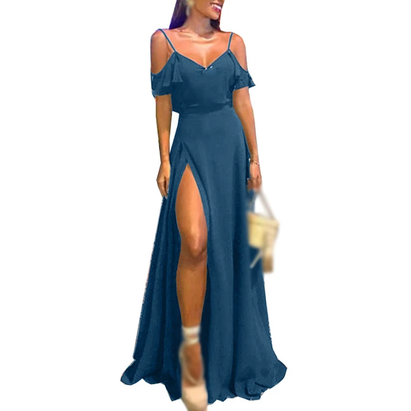 

Summer solid ruffles Women dress Dinner Cocktail Sexy Sling V-neck short sleeve off shoulder Ruffled long elegant Split Dress