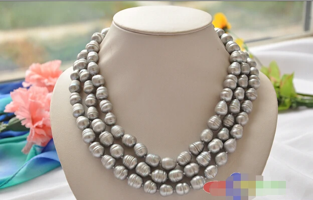 

P3175 3row 18" 14mm gray rice freshwater cultured pearl necklace Noble style Natural Fine jewe fast SHIPPING
