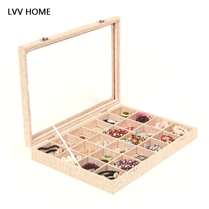 

LVV HOME 24 grids lidded jewelry storage box/Transparent acrylic window rings pendant wooden display box