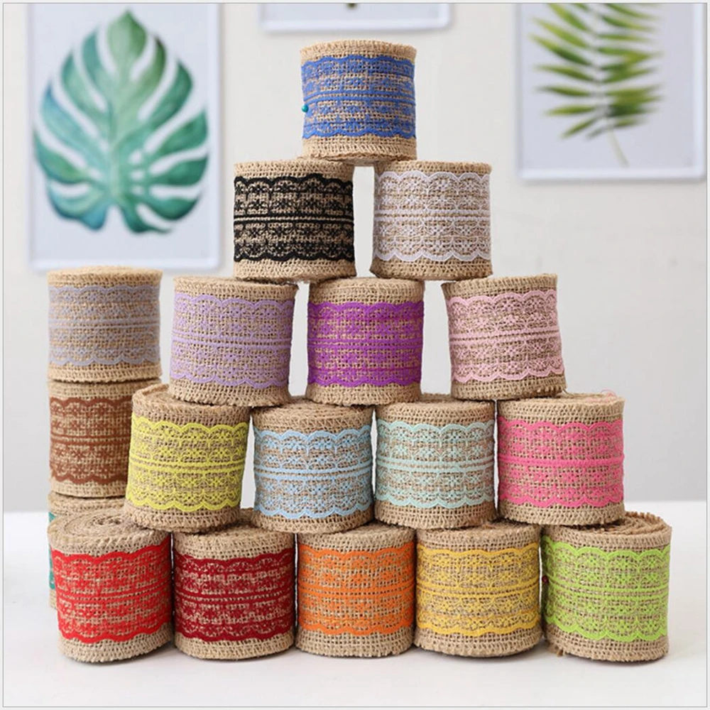 

Wedding Decoration Ribbon 2Meter/Roll Width 6cm Jute Burlap Rolls Hessian Ribbon With Lace for Vintage Wedding Party DIY Decor