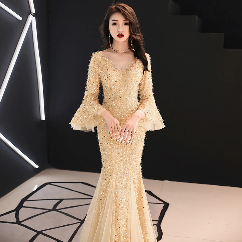 

Golden Sequins Lace Patchwork Qipao Women Chinese Prom Dress Tight Slim Novelty Elegant Robe De Soiree Mermaid Dresses