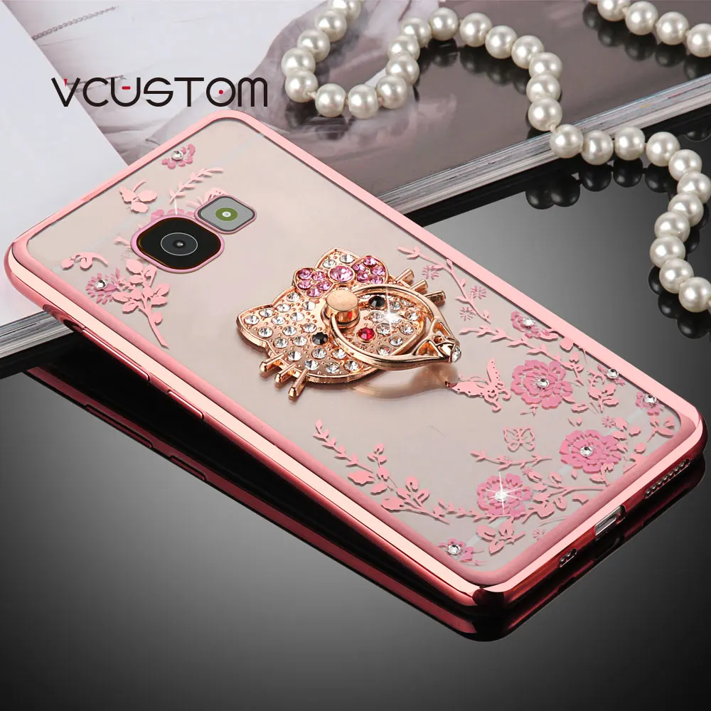 new Rhinestones electroplating soft silicone cases Rose gold/golden for samsung A310/a3 2016 on5 on7 2016+ring stand holder |