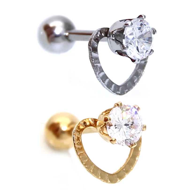 2pcs 16G Fashion Crystal Tragus Helix Bar Cartilage Love Heart