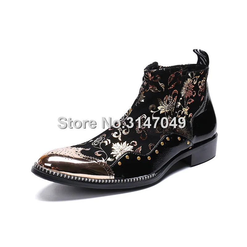 - Large Size Metal Toe Business Mens Boots Real Leather Dress Boots Floral Studded Cowboy Western Martin Chelsea Ankle Boots Male