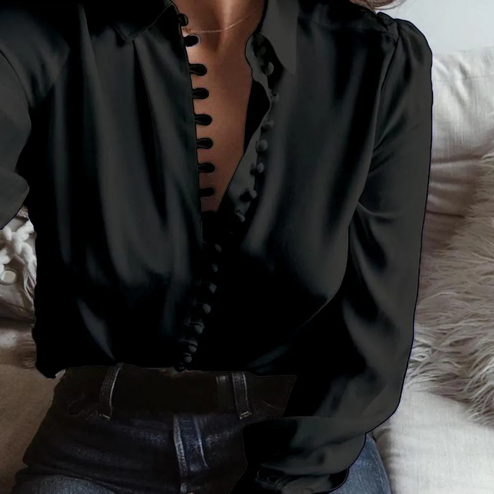 

2019 Fashion Autumn Casual Long Sleeve Loose Party Blouse Women Elegant Solid Lapel Baggy Work Office Button Down Shirts C35