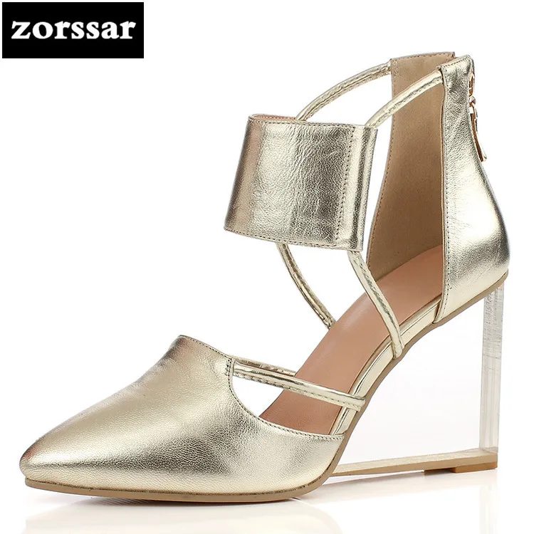 

{Zorssar} 2018 New arrival fashion Genuine Leather large size shoes women dress shoes Wedges pointed toe High heels pumps shoes