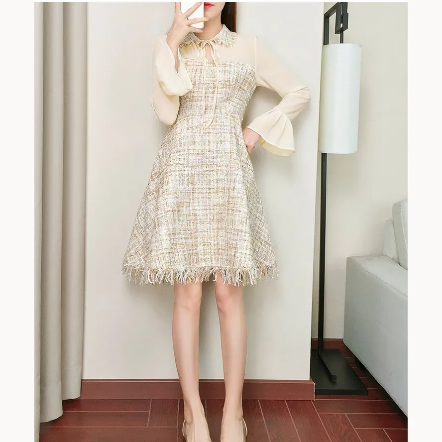 

Spring Mesh Patchwork Tweed Dress Women Fashion Flare Sleeve Ruffles Plaid Dress High Waist Bow Slim A Line Dress