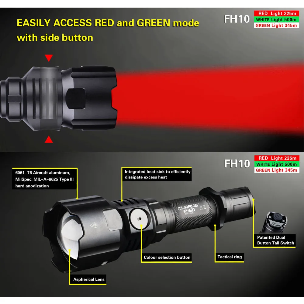  KLARUS FH10 Zoomable Tactical LED Flashlight 3000mW Green Red LED Light White Light 700 Lumens 1865 - 4000012569123