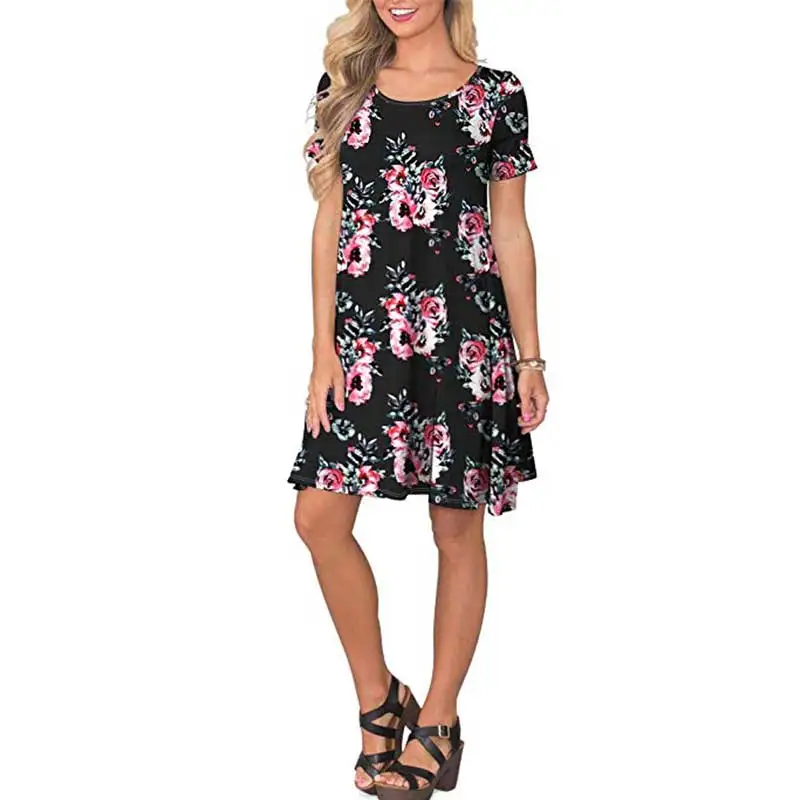 

Summer Dress New Round Neck robe femme Short-sleeved Dress Floral Pattern Print Pocket Decoration Dress vestidos de verano