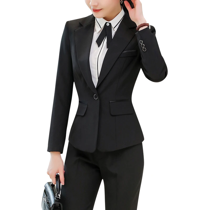 

2 pcs set women tops+pants office lady long sleeve suit female clothing elegant casual blazer slim balck mujer work wear summer