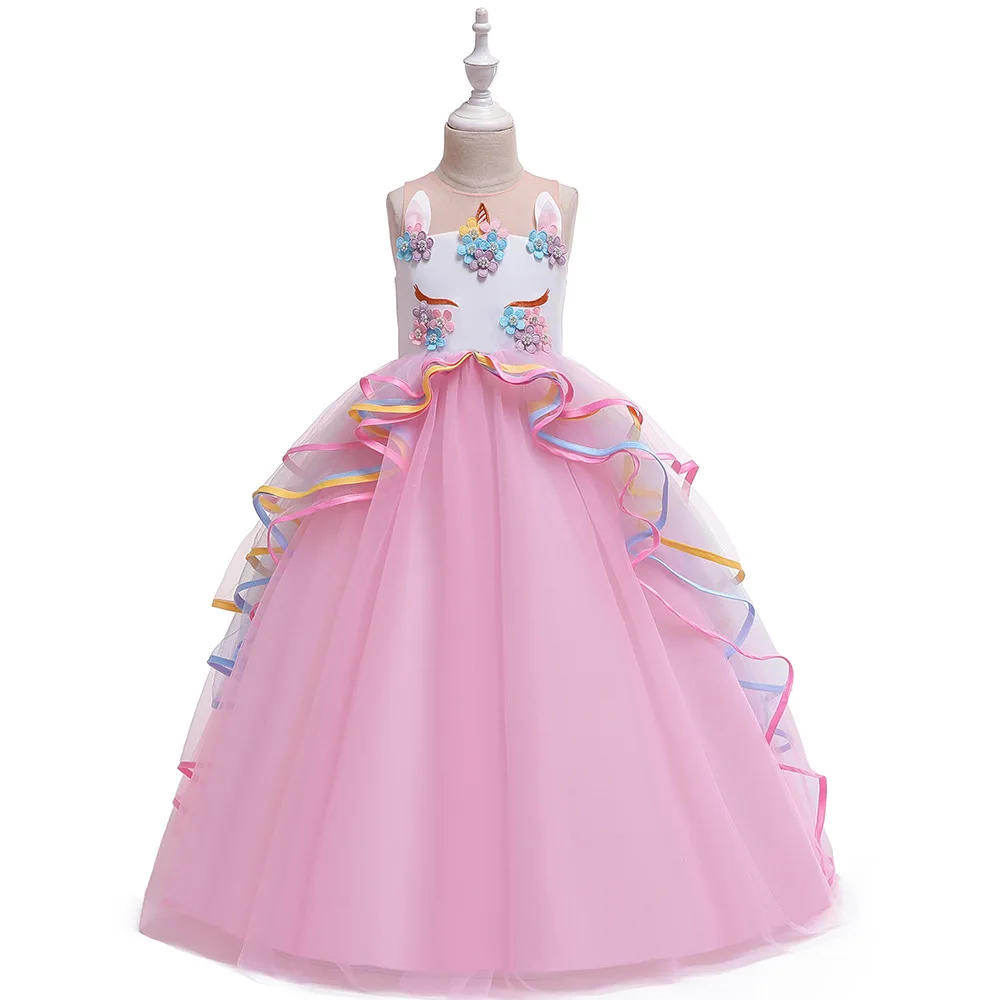 

Summer Fashion Birthday Evening Party Child Wedding Prom Dresses 5-14Y Girls Embroidered Applique Unicorn Long Flower Girl Dress