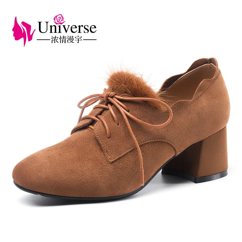 Talon Avec Suede Croix De Dames Fourrure Carré khaki yellow Lacets Lié Confortable Casuals Femmes Kid Black Univers Pompes Style À G338 Chaussures 7qawOzY