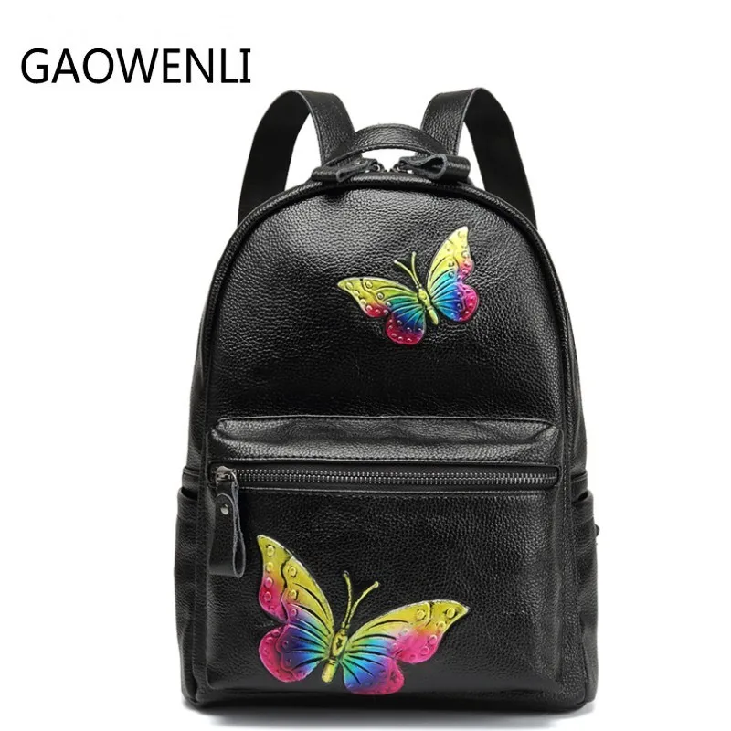 GAOWENLI Genuine Leather Double Shoulder Bag Butterfly Print Cow Leather Backpack Leisure Fashion Hot Selling Bag