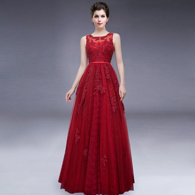 2016 New Wine Red Lace Flower Long Evening Dress Birde Banquet Floor
