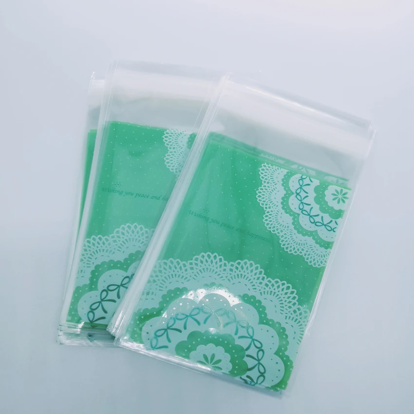 

100pcs/lot 7X10cm Green Lace Cookie packaging candy self-adhesive plastic bags for biscuits snack baking package