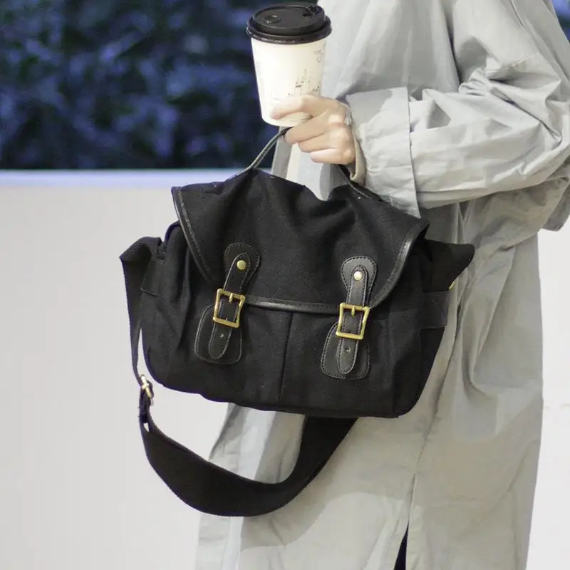 Модная Повседневная Холщовая Сумка, украшение ремня, сумка-мессенджер, британский стиль, дикая Наплечная Сумка, большая Вместительная дорожная сумка - Цвет: Черный
