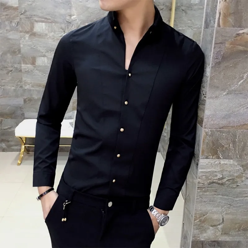 Quality Shirt Dress Brand New Slim Fit Mens Casual Shirts Solid All Match Streetwear V Neck Long Sleeve Shirt Men Clothes