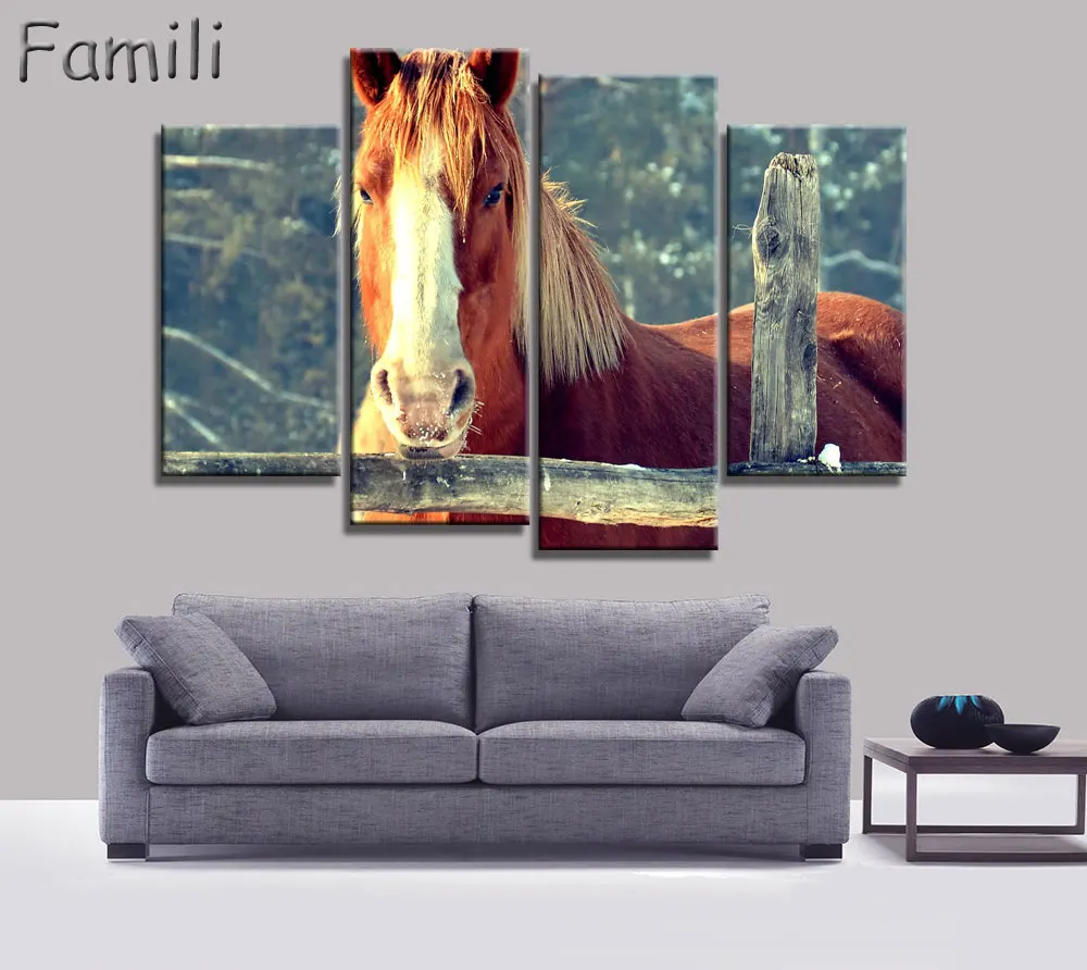 

4Pcs/Set Sunset Horse Canvas Painting Animal Poster Vintage Grassland Wall Christmas Canvas Pictures For Home Decor Cheap Wall A