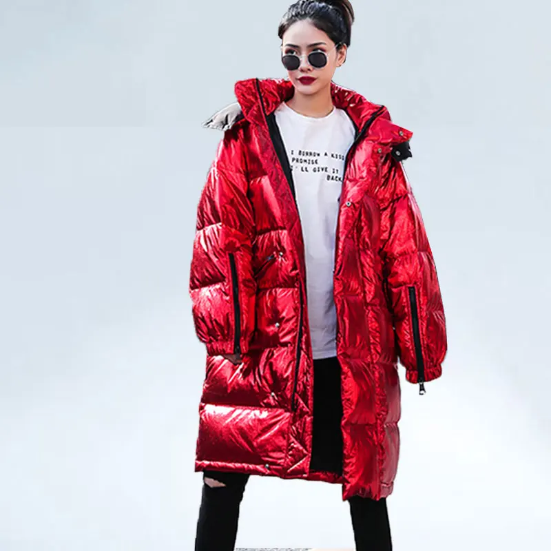 

Women Winter Jacket Girl Shiny Parka Loose Down Jackets Hooded Coat Windproof Glossy Streetwear Female Thick Loose Cotton Coat