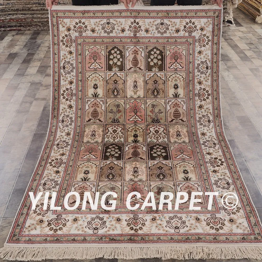 YILONG 4'x6' Persian handmade silk carpet four seasons vantage fine