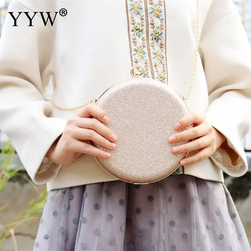 Women Wedding Evening Clutch Crossbody Shoulder Bags Rose Gold Gillter Handbag With Chain Round Purses Handbags For Party