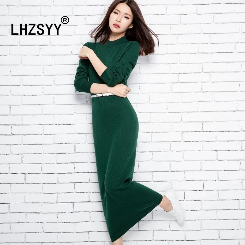 

LHZSYY New Autumn Winter Long Knit Cashmere Sweater Dress Solid color long sleeve Slim wild Women's Wool dress Fashion high-end