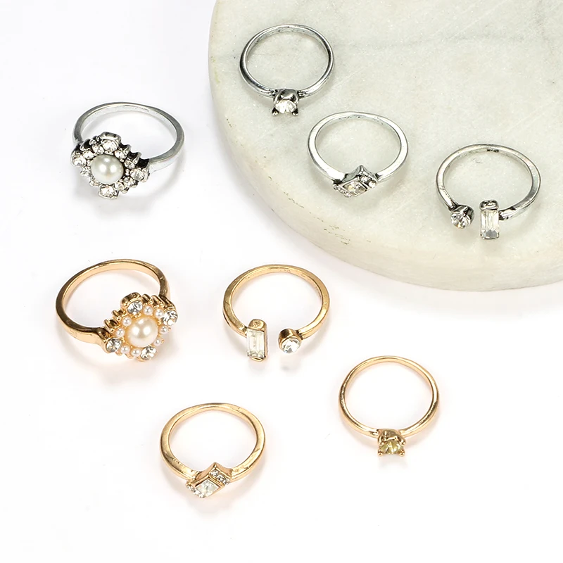 HuaTang винтажные золотые серебряные цветные кольца со стразами имитация жемчуга резьба геометрическое кольцо для женщин ювелирные изделия Anillos