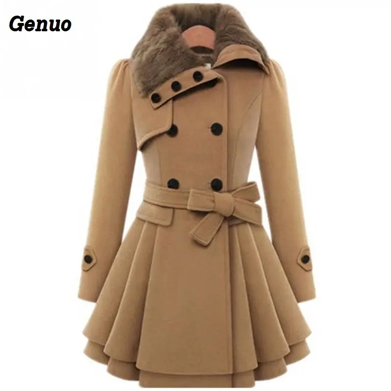 Genuo для женщин воротник с лацканами средней длины куртки женские утепленные осень зима сплошной цвет элегантный двубортный мех шерстяные пальто