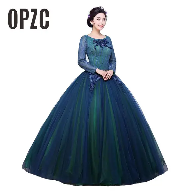 Colored Wedding Dress 2018 New Korean Style Full Sleeve Tulle Lace Colored Wedding Dress 2018 New Korean Style Full Sleeve Tulle Lace Multicolor Crystal Dark Green Princess