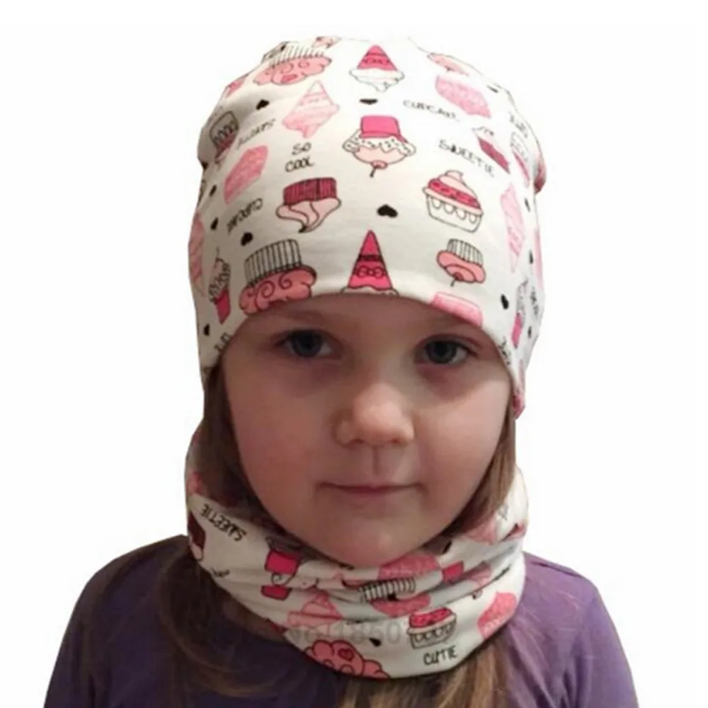 Cute Autumn Winter Baby Hat Set Children Hat Scarf Collars Animal Print