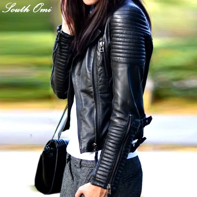 

Fashion Autumn Winter Women Brand Faux Soft Leather Jackets Pu Black Blazer Zippers Coat Motorcycle Outerwear &Rivet