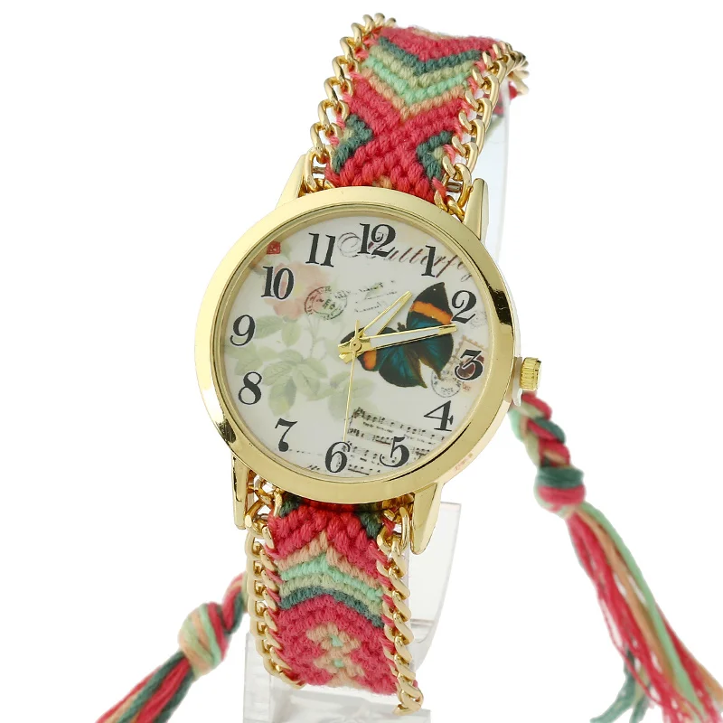 Gnova Platinum Women Watch Green Butterfly Ethnic Style Braided Lace