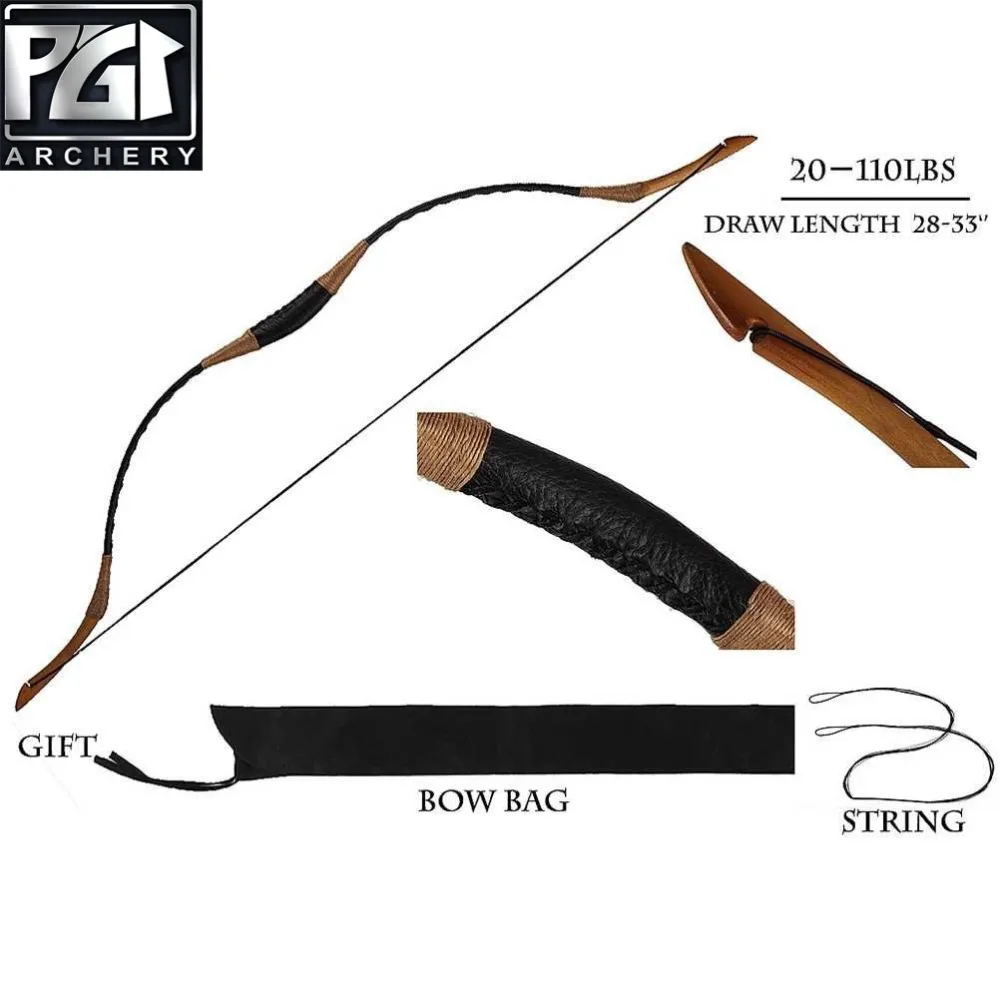 

PG1ARCHERY Recurve Long Bow, Traditional Archery Horsebow Longbow with Bag Handed for Practice & Hunting 20-110lbs
