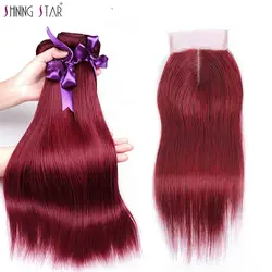 Бордовый прямые волосы 3 Связки с закрытием красный перуанской пучки волос плетение с закрытием волос Shining Star NonRemy