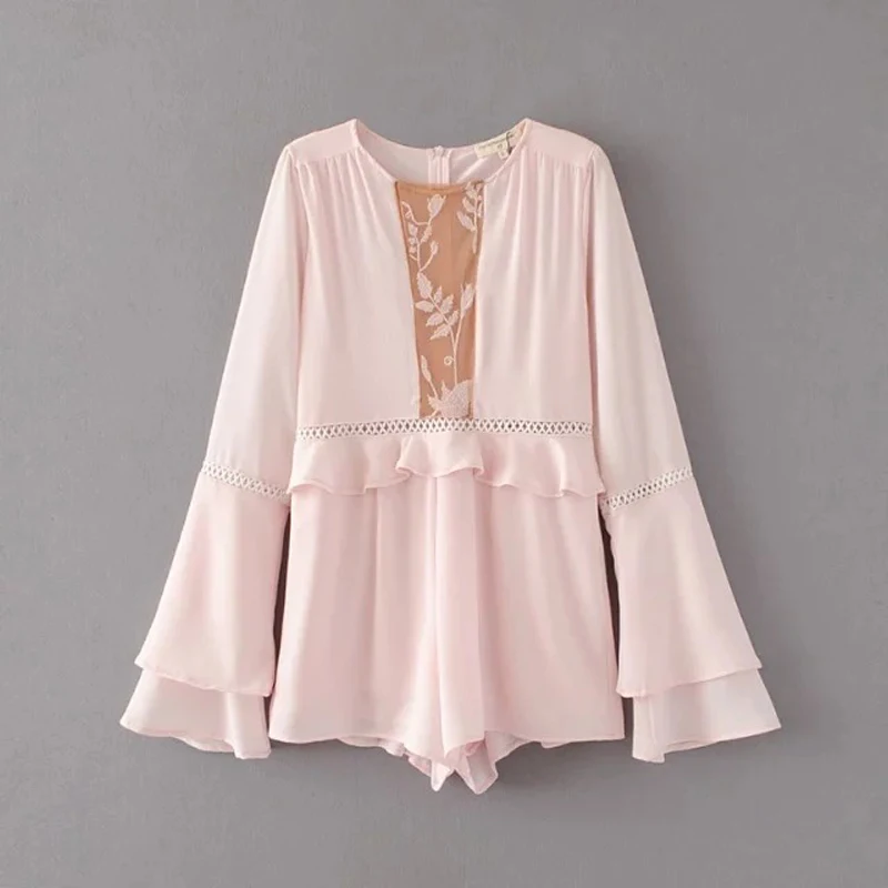 Yuqung Женщины Ползунки вышивкой Flare рукавом Playsuit полые Уличная Сексуальная