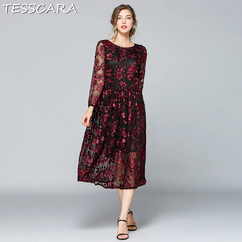 TESSCARA женское длинное элегантное жаккардовое Сетчатое платье свадебное для