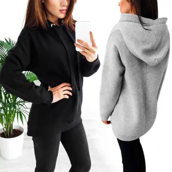 

Black Solid Women Autumn Hooded Long Sleeve Sweatshirts Girls Warm Pullovers Tops Coat