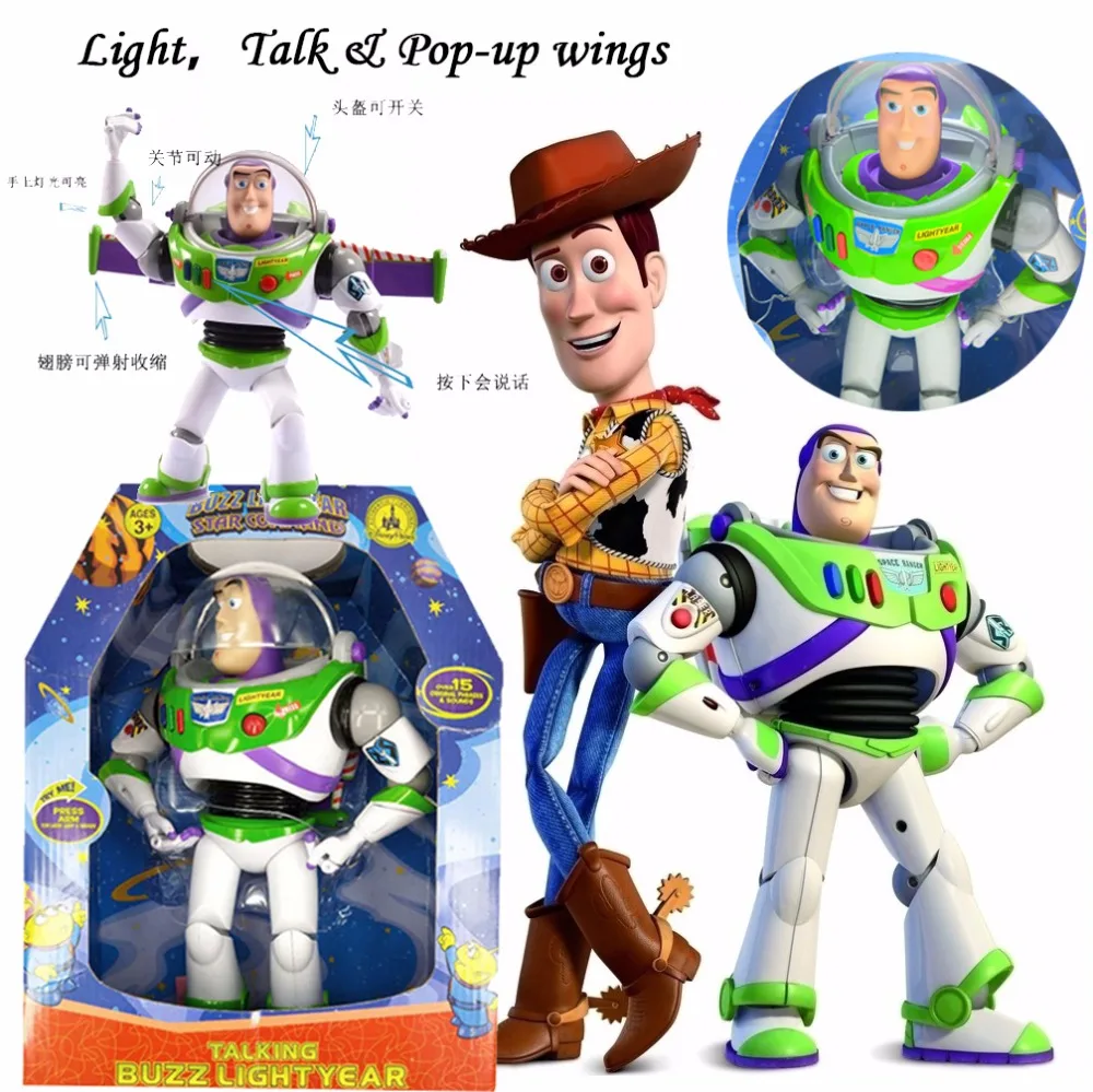 

Hot Toy Story 4 Buzz Lightyear Talking Figures Pop Up Wings Woody and Jessie Models Movable Collection Toys Gift for Children