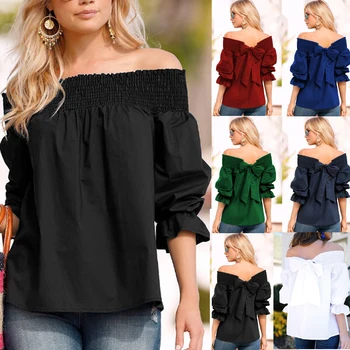 

Celmia Sexy Off Shoulder Tops Blusa Feminina Women Blouse 2020 Summer Strapless Bowknot Slash Neck Casual Loose Shirts Plus Size