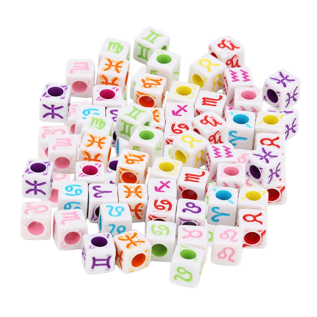 100pcs Acrylic Zodiac Cube Beads Charms Large Hole Beads for jewelry making, Bracelets, Necklaces, Key Chains and DIY Craft