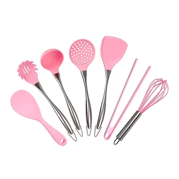 

Pink Silicone Cooking Tools Stainless Steel Handle Kitchenware Dinnerware Tableware Heat Resistant Kitchen Utensils Accessories