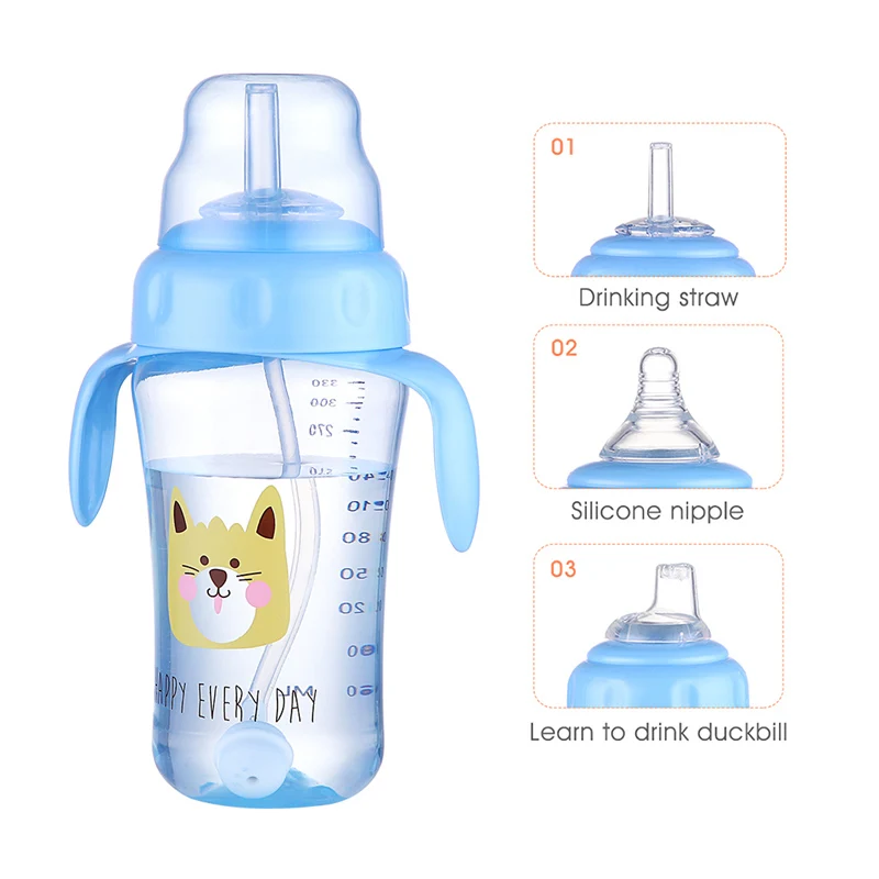 

Baby Feeding Cup Multipurpose Learn Drinking Water bottle with Straw Nipple and Duckbill Sippy Cup Training Feeding Bottle 330ML